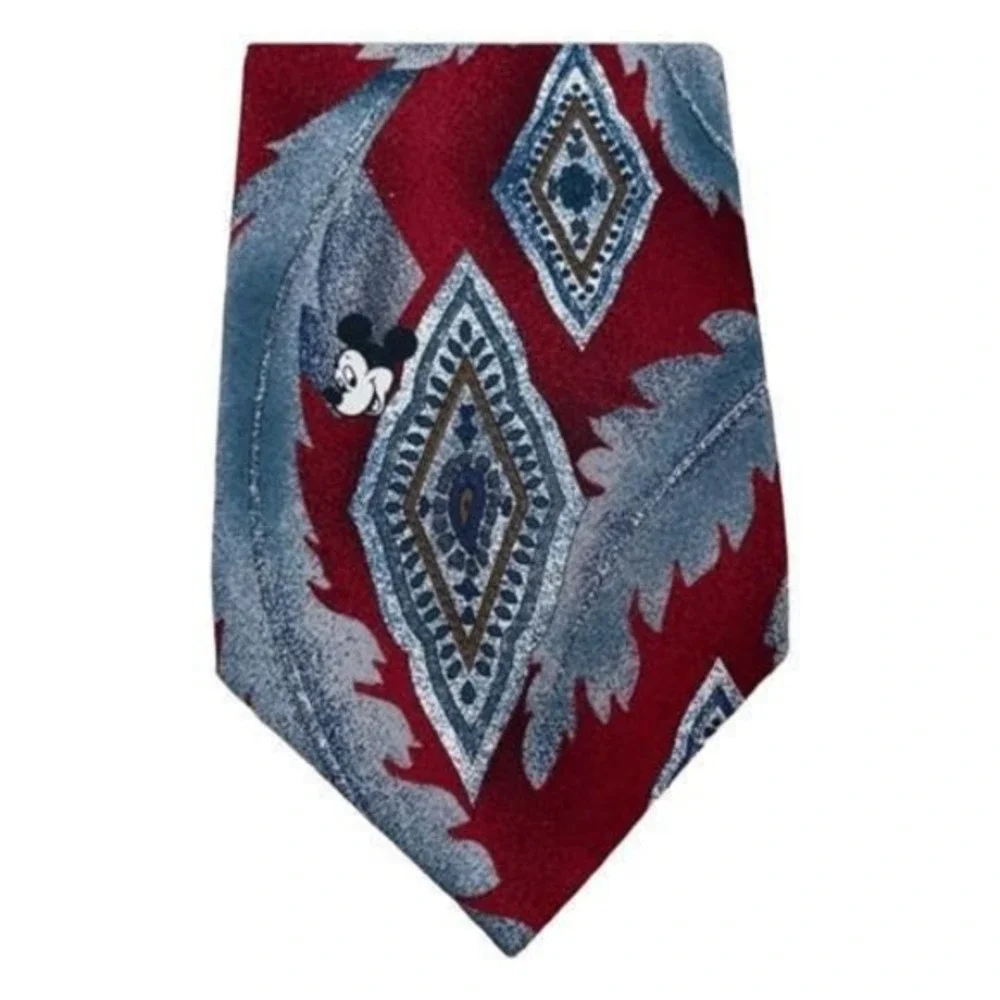 Vintage Disney Originals Mickey Mouse Neck Tie 100% Silk Maroon Blues Paisley‎